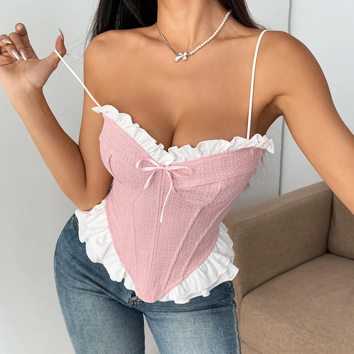 

Sweet Pink Corset Back Lace Up Crop Tops Vest Women Clothing Sleeeveless Halter Tank Top 2025 Summer Streetwear Fashion T-shirts