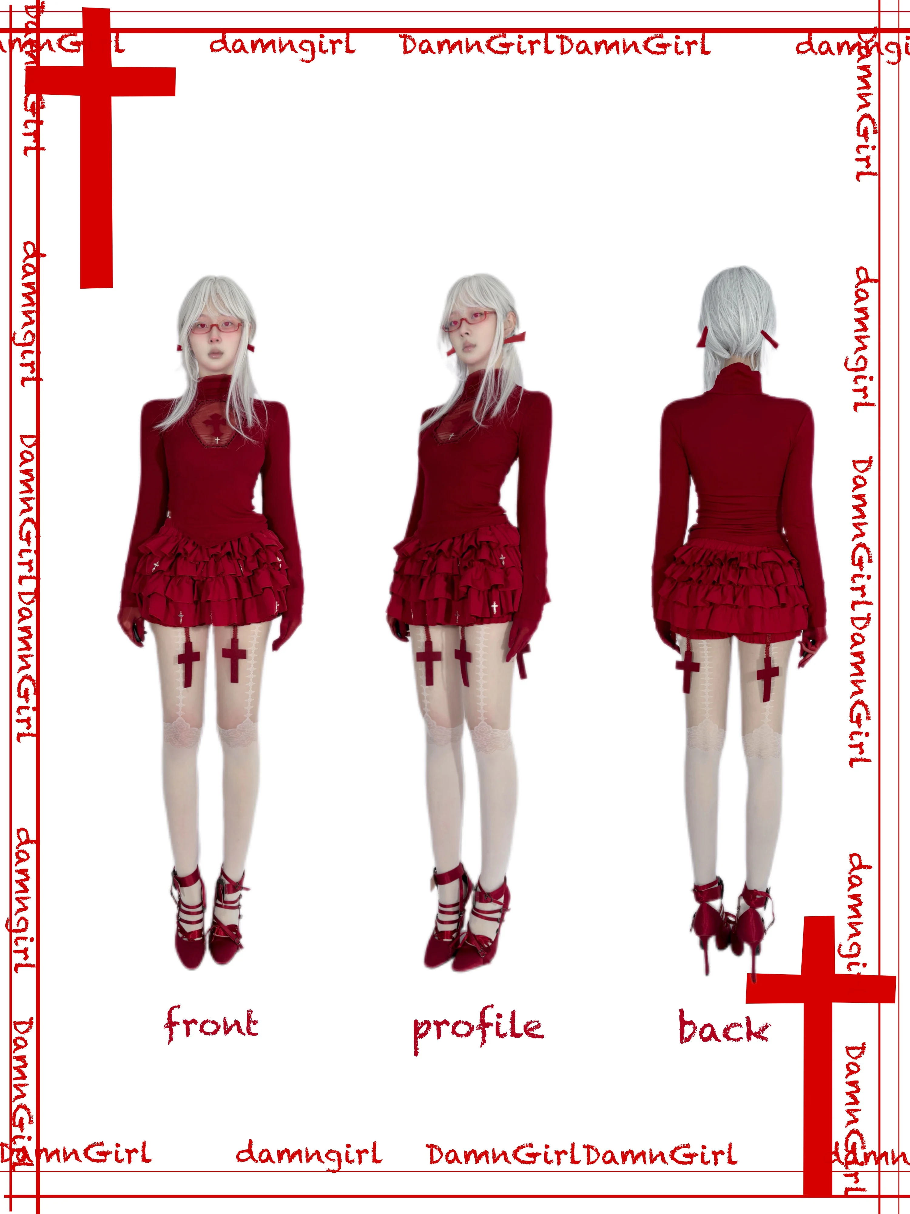 Original Design Women Girls Bloody Red Cross Print Red Wine Shirt Gothic Hollow Out Stretch Turtleneck Slim Tshirt Tee Tops