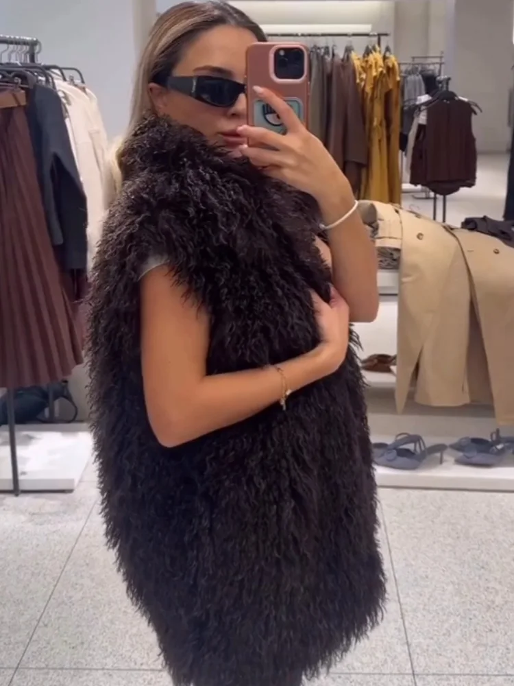 

HH 2022, осенний женский модный универсальный жилет из искусственного меха с отложным воротником, женский простой повседневный тонкий однотонный топ без рукавов