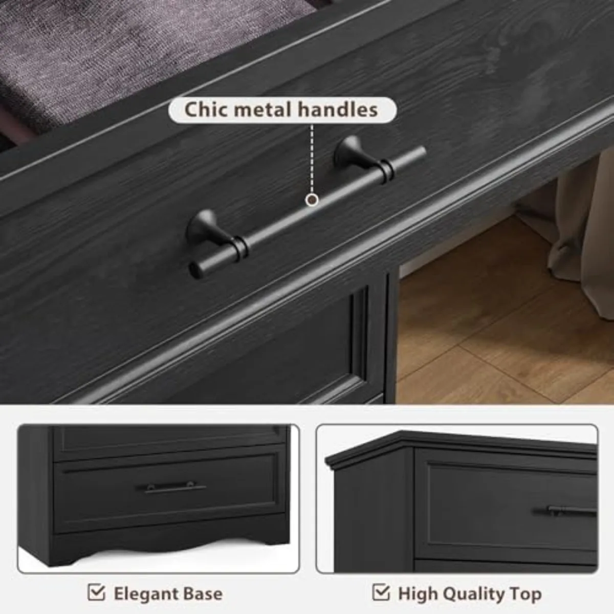 Black Farmhouse Dresser for Bedroom, Modern 6 Chest of Drawers, 44" Tall Chest of Drawers w/Brushed Metal Handle, Wood - view 5