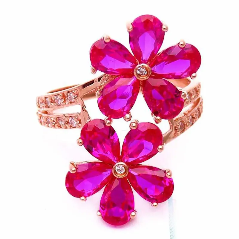 

585 purple gold plated 14K rose gold new inlaid ruby flower rings for women resizable fashion fresh light luxury jewelry