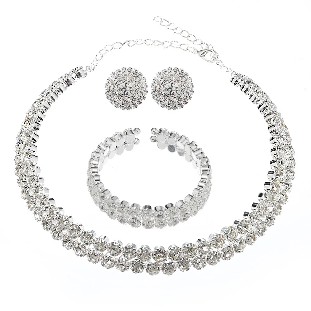 ضوء فاخر طبقة مزدوجة المختنق قلادة للنساء كامل حجر الراين الكفة سوار قرط الاذن المرصع حفل زفاف طقم مجوهرات
