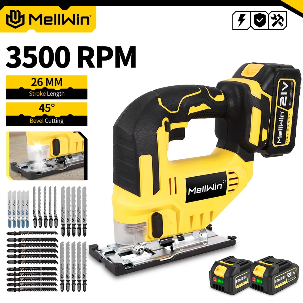 MELLWIN 26mm 3500RPM Akku-Stichsäge mit 31 Sägeblättern, Multifunktions-Elektro-Kurvensäge, Holzbearbeitungs-Elektrowerkzeug für Makita 18V Akku