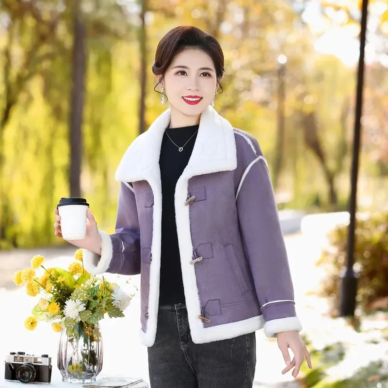 Plus Velvet Padded Loose Warm Cotton-Padded Jacket New Winter Middle-Aged Mother Winter Fur One Single-Breasted Ladies Coat