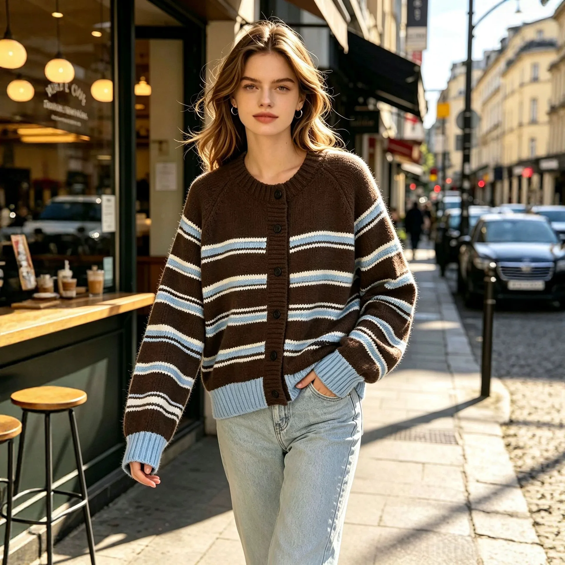 Chic Vintage Fair Isle Sweater Cardigan for Women, Autumn/winter Color-blocking, Loose, Soft, Cozy Knit Jacket Y2K Jumpers