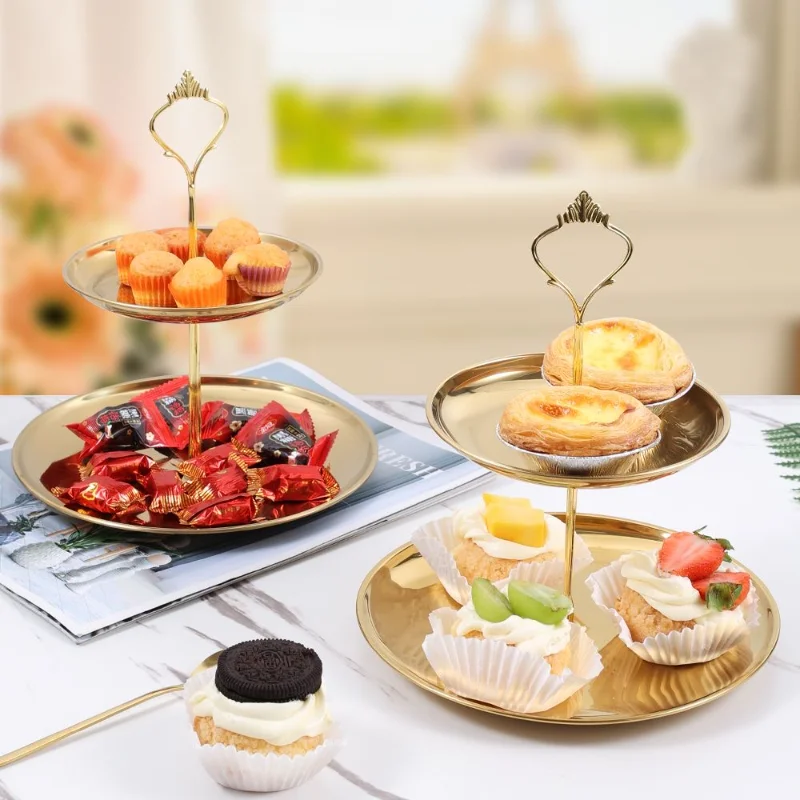 

2/3layer Stainless Steel Cake Tray Plate Birthday Wedding Party Dessert Stand Table Dessert Display with Metal Rod Home Storage