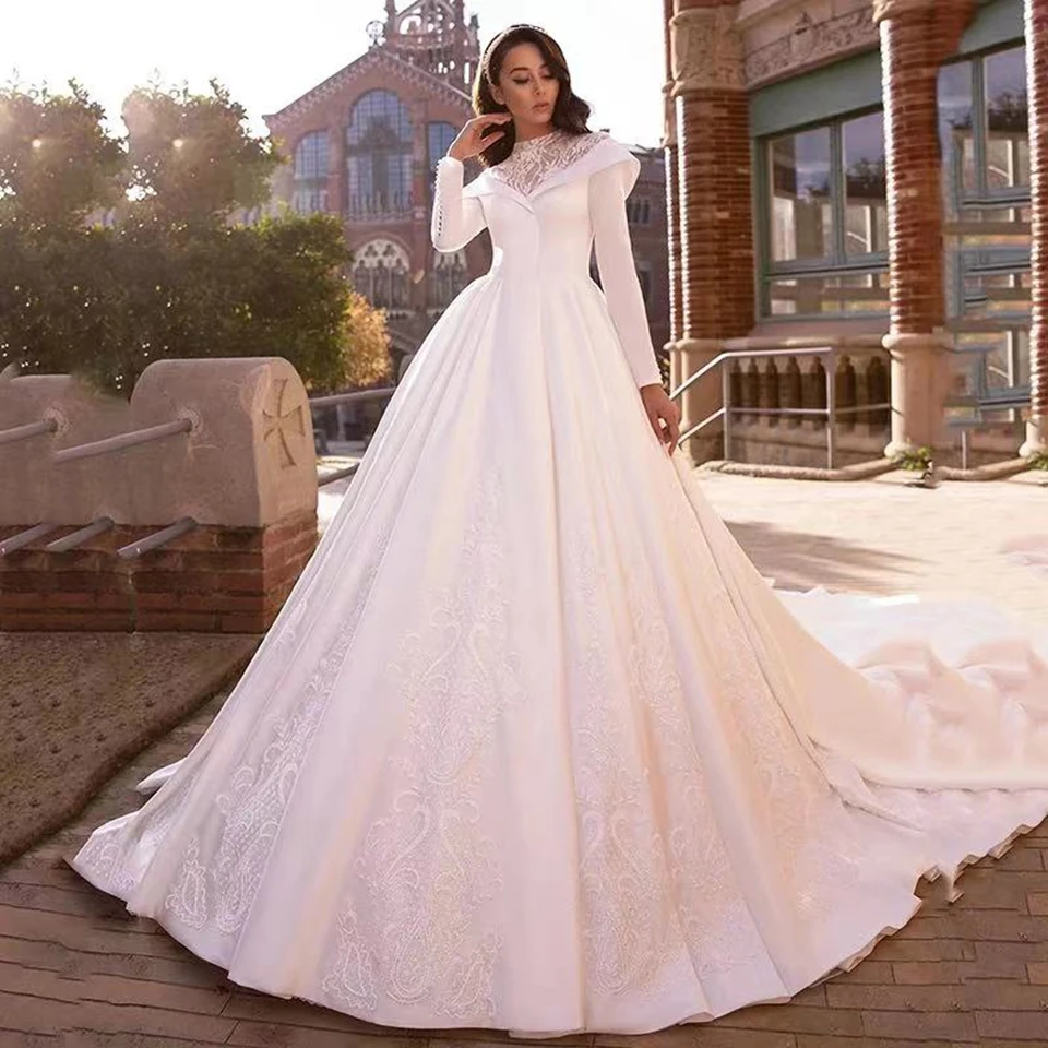 2025, weiße, hochgeschlossene, luxuriöse Brautkleider mit langen Ärmeln, muslimische Spitze, Brautkleider, elegantes Satin, Vestidos de Novia, Hofzug