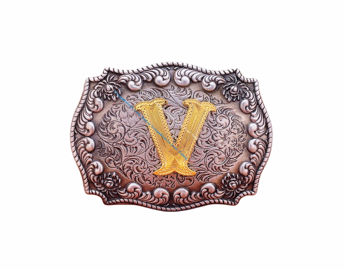 

BKD0637 104*77mm Men's Western Cowboy Gold Letter V Flower Carved Ranger Rodeo Rope Side Leathercraft Leather Belt Buckle