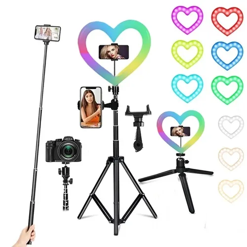 Imagen 1 del producto Anillo de luz LED para Selfie con forma de corazón RGB de 10 pulgadas, lámpara de anillo de vídeo regulable, trípode de iluminación fotográfica para maquillaje de teléfono, Volg en vivo