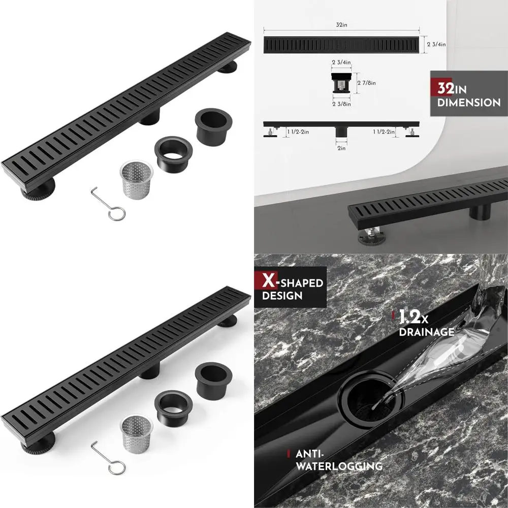 

32 Rectangular Shower Drain with Capsule Pattern Cover, Matte Black, Removable Grate, SUS304 Stainless Steel, CUPC Certified