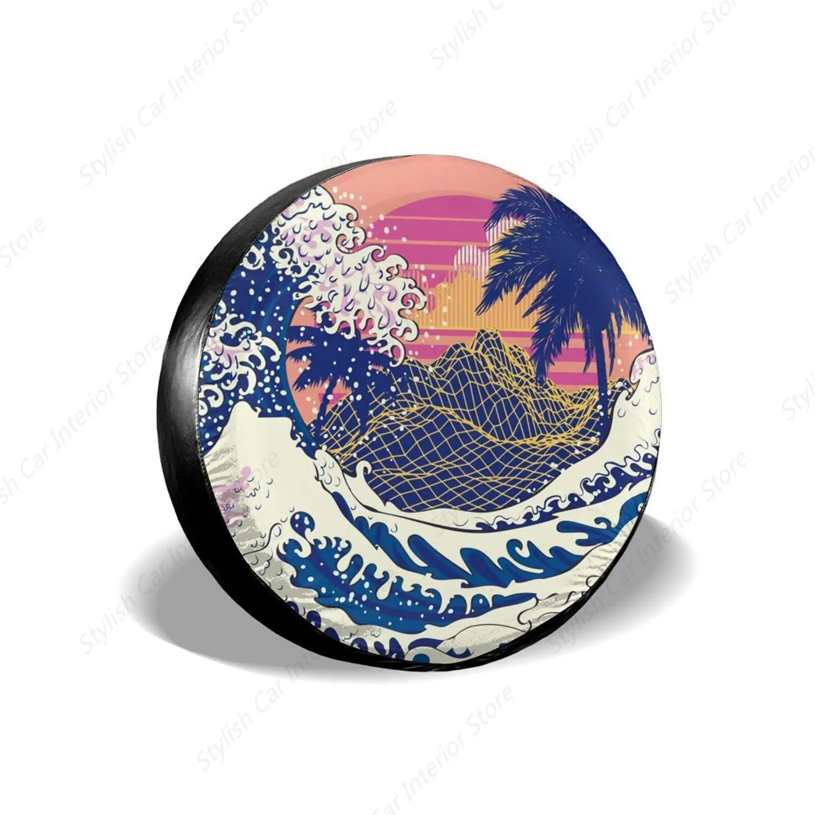 Wave Energy Black Spare Tire Cover Beautiful Fractal Abstract Neon Light Glow Line Weatherproof Universal Wheel Protector