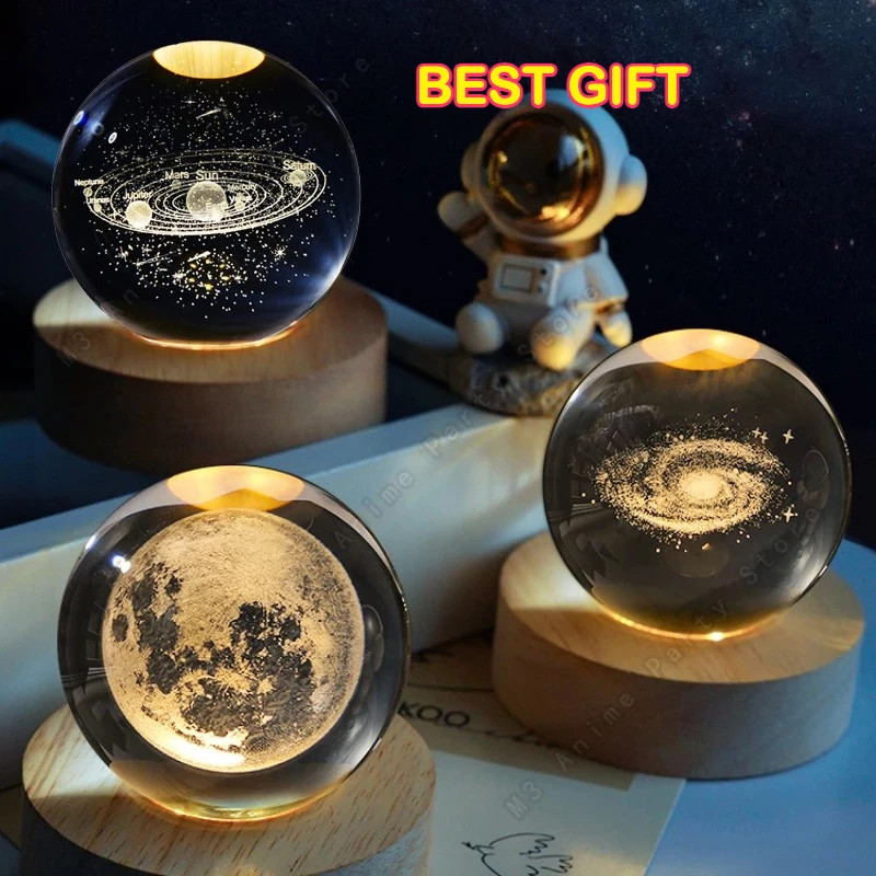 Unico sfera di cristallo 3D luce notturna lampada a led comodino incandescente galassia lampada Saturno pianeti luna regalo di compleanno per bambini giocattolo 6 cm