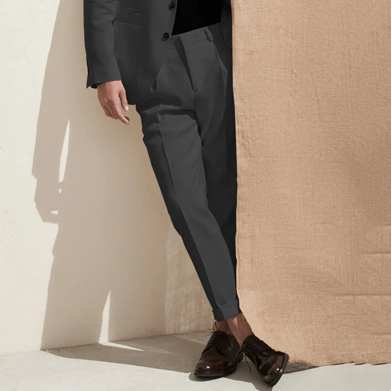 

Men's 2022 Spring Fashion Casual Pants Small Straight Slim Fit Nine Point Small Trousers Solid Color Crimped Harlan Pants