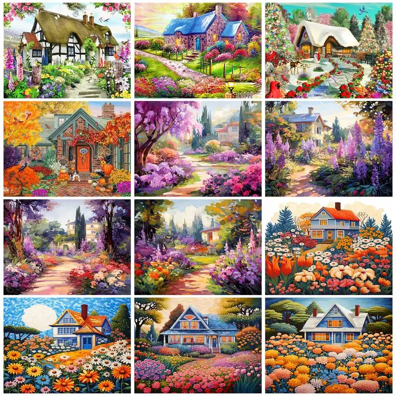 

RUOPOTY Painting Paints By Numbers House Scenery Flower Paint Pictures By Numbers Adults Crafts Painting Decor