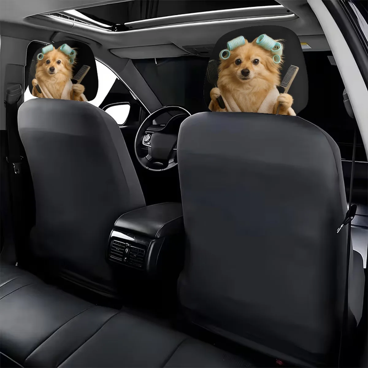 Curly-Haired Puppy Print Car Headrest Covers, Washable & Snug Fit, Car Seat Headrest Covers