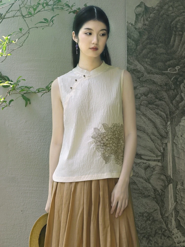 

Sweet Tea Sle ort Svel Embroidered Cotton Linen Top Chinese Traditional Clothing Small irt Four Feathers