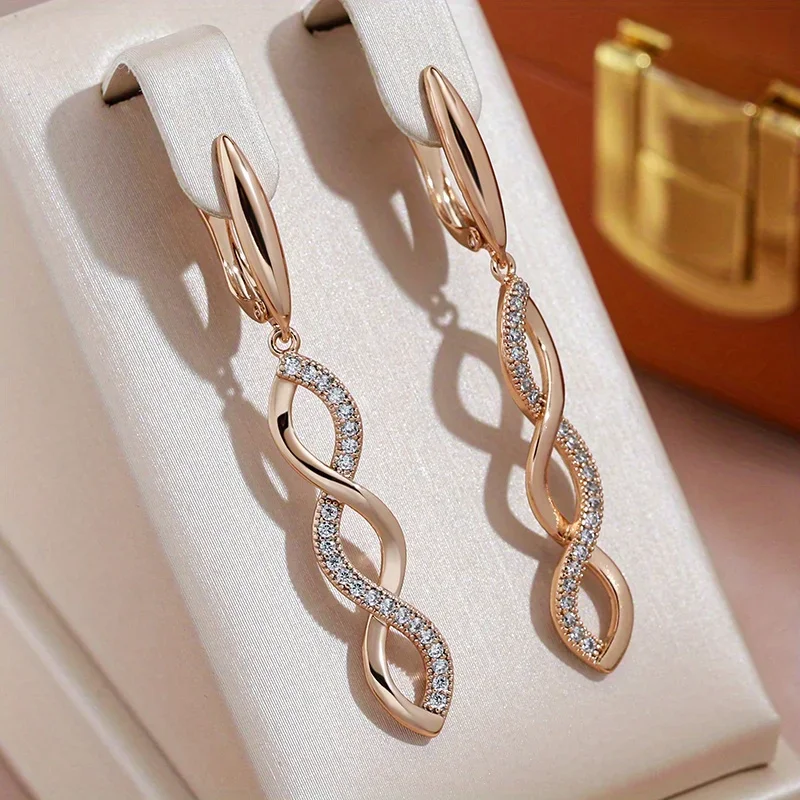 Halb gepflasterte weiße Zirkon-Ohrringe mit langem Anhänger für Damen, luxuriöses Spiral-Design, goldfarbene Ohrringe, Hochzeit, Party, klassischer Schmuck