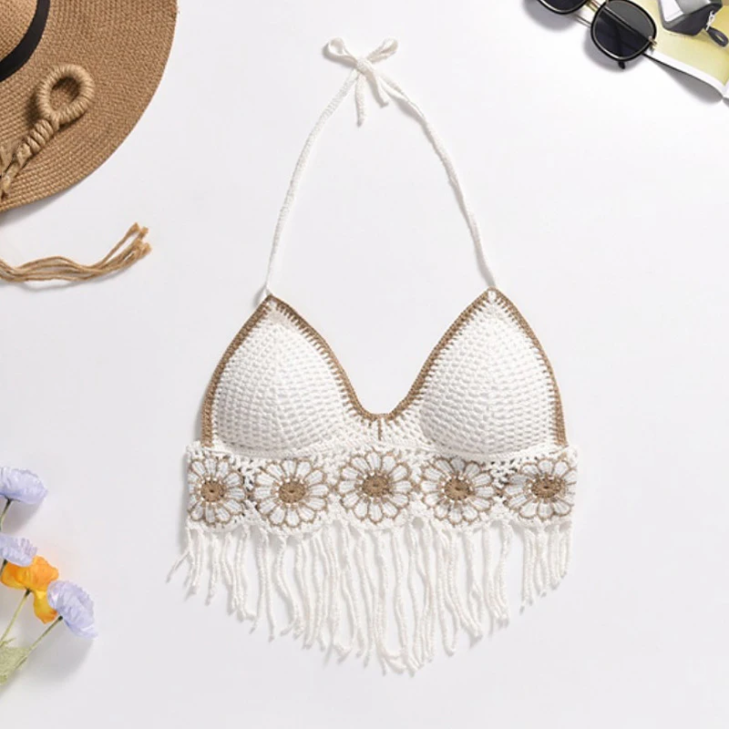 Sexy Bikini Crop Top Women Crochet Boho Beach Camisoles Bikini Bralette Halter Knit Bra Backless Beachwear Tank Top Vest