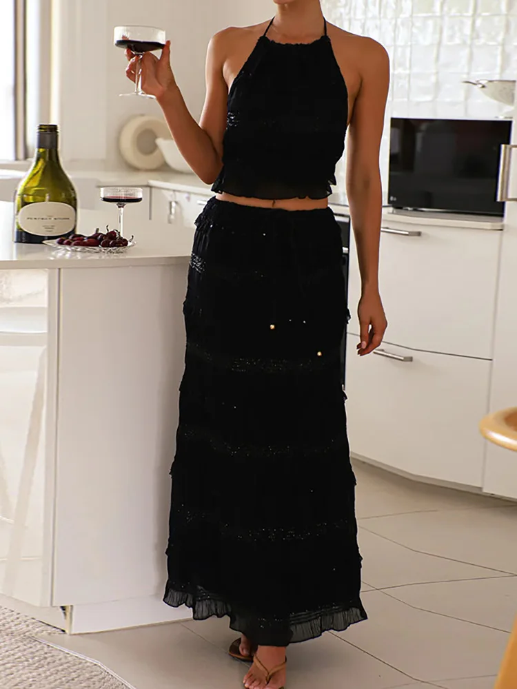 أطقم ملابس صيفية للسيدات بدون ظهر، تنانير طويلة قصيرة غير رسمية 2025، بدلات نسائية للعطلات مرقعة صلبة ملابس خروج