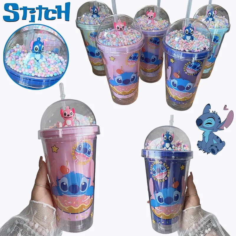 

450ml Disney Stitch Children Straw Cup Anime Portable Plastic Double Layers Water Cup Boys Girls Fashion Water Bottles Gifts