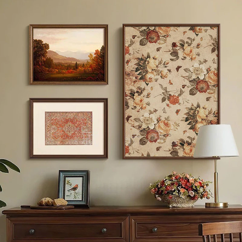 French Mid-Century American Retro Canvas Painting Poster Triple combination Vintage Floral Landscape Wall Art for Home Decor