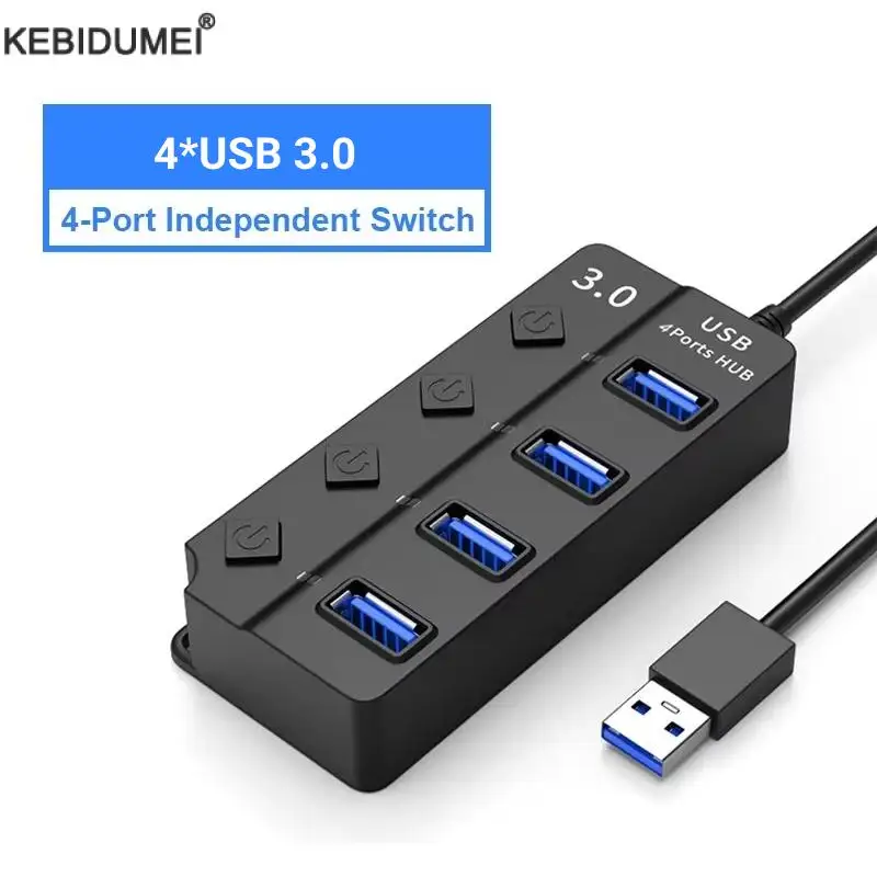 

4-портовый концентратор USB 3.0 со светодиодным индикатором, независимый переключатель управления для ноутбука, флэш-накопителя, жесткого диска, принтера, камеры, клавиатуры