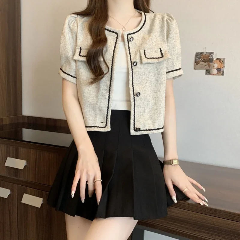 

Women's Summer Round Neck Short Sleeve Patchwork Button Cardigan Pockets Solid Coats Casual Elegant Office Lady Fashion Tops