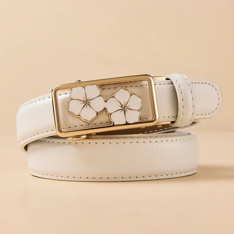 Women's Leather Automatic Buckle Belt Fashion New Jeans Accessories Flower Square Buckle Thin Belt 2.4cm
