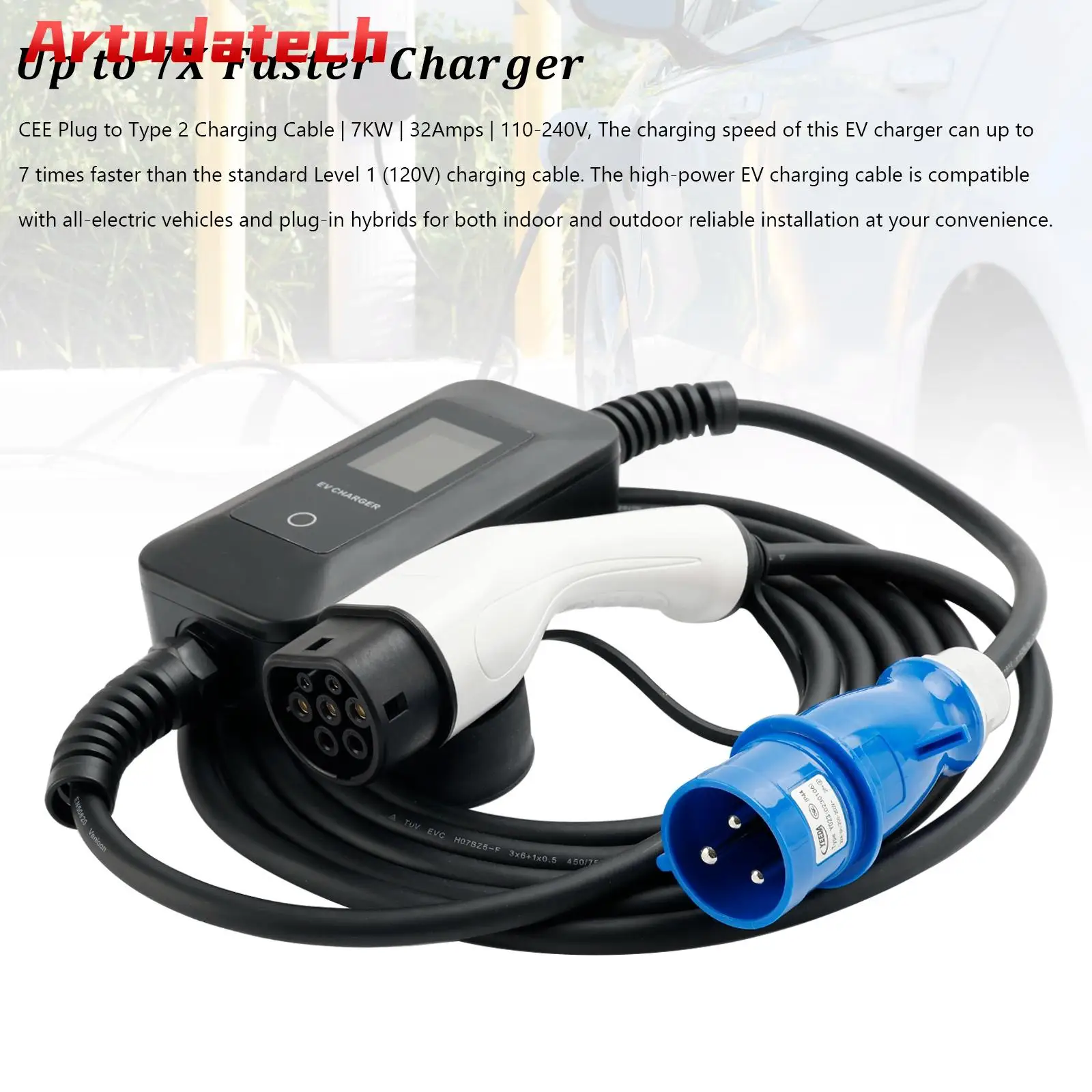 

Artudatech CEE 3 Pin Plug Type 2 EV Charger Adjustable 8A/10A/16A/20A/24A/32A Digital 6M