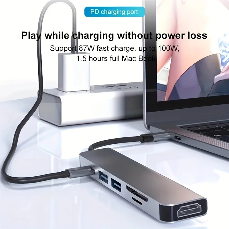 Adaptor Multiport USB C Hub, 6-in-1 dengan 4K @ 60Hz HDTV 100W pengiriman daya USB 3.0 Data TF/pembaca kartu SD Laptop Hub Dock