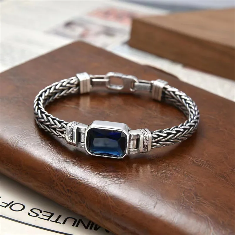 

New Woven bracelet S925 Silver handmade chain retro blue men's and women's same style Thai silver bracelet jewelry jewelry