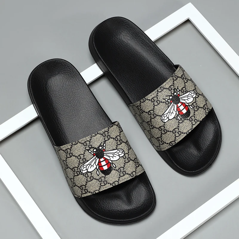 Men's Fashionable and Versatile One-Legged Lazy Slippers, Comfortable Beach Little Bee Checkered Slippers