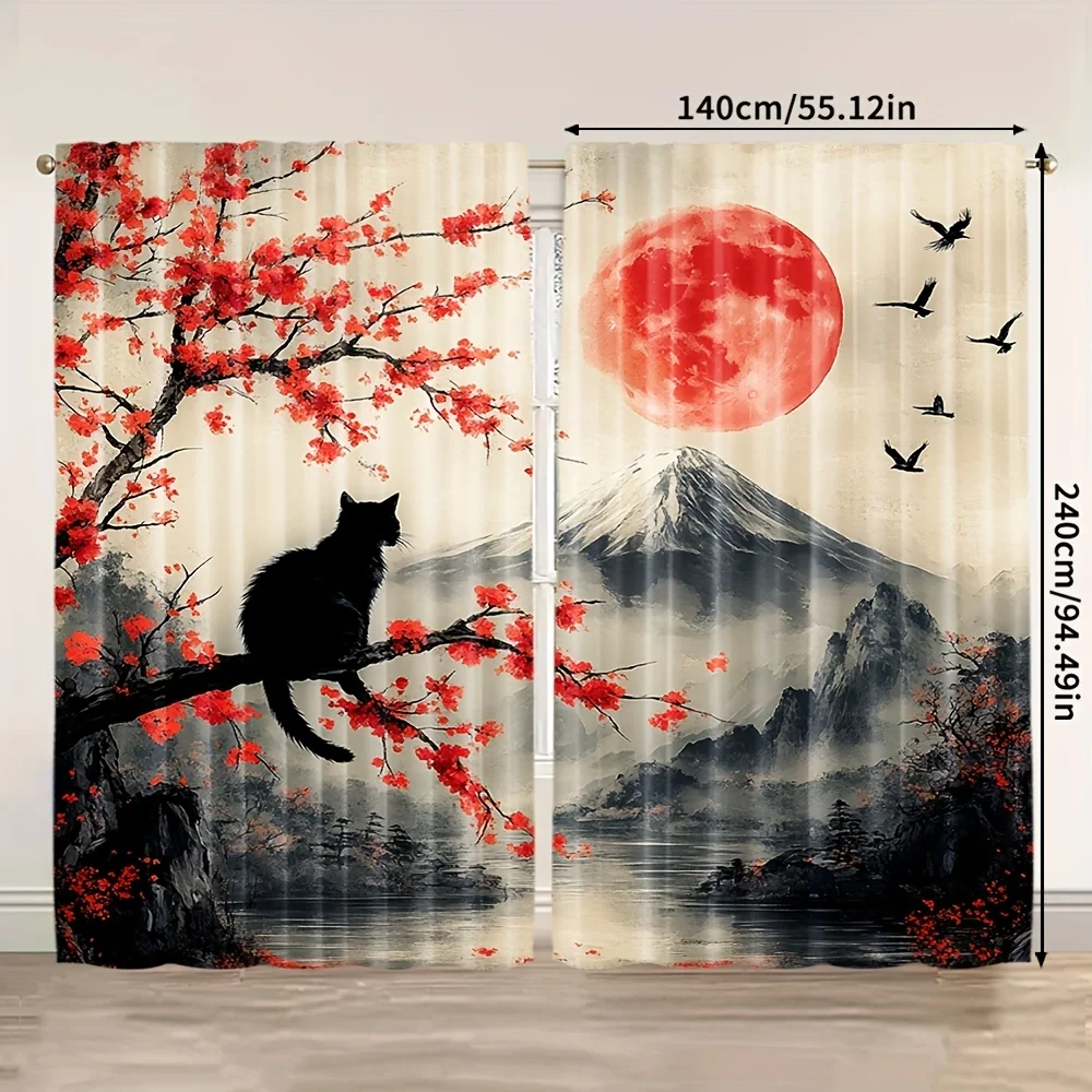 2pcs Elegant Japanese Sakura Sheer Curtains – Black Cat & Mount Fuji Design for Bedroom & Living Room Decor