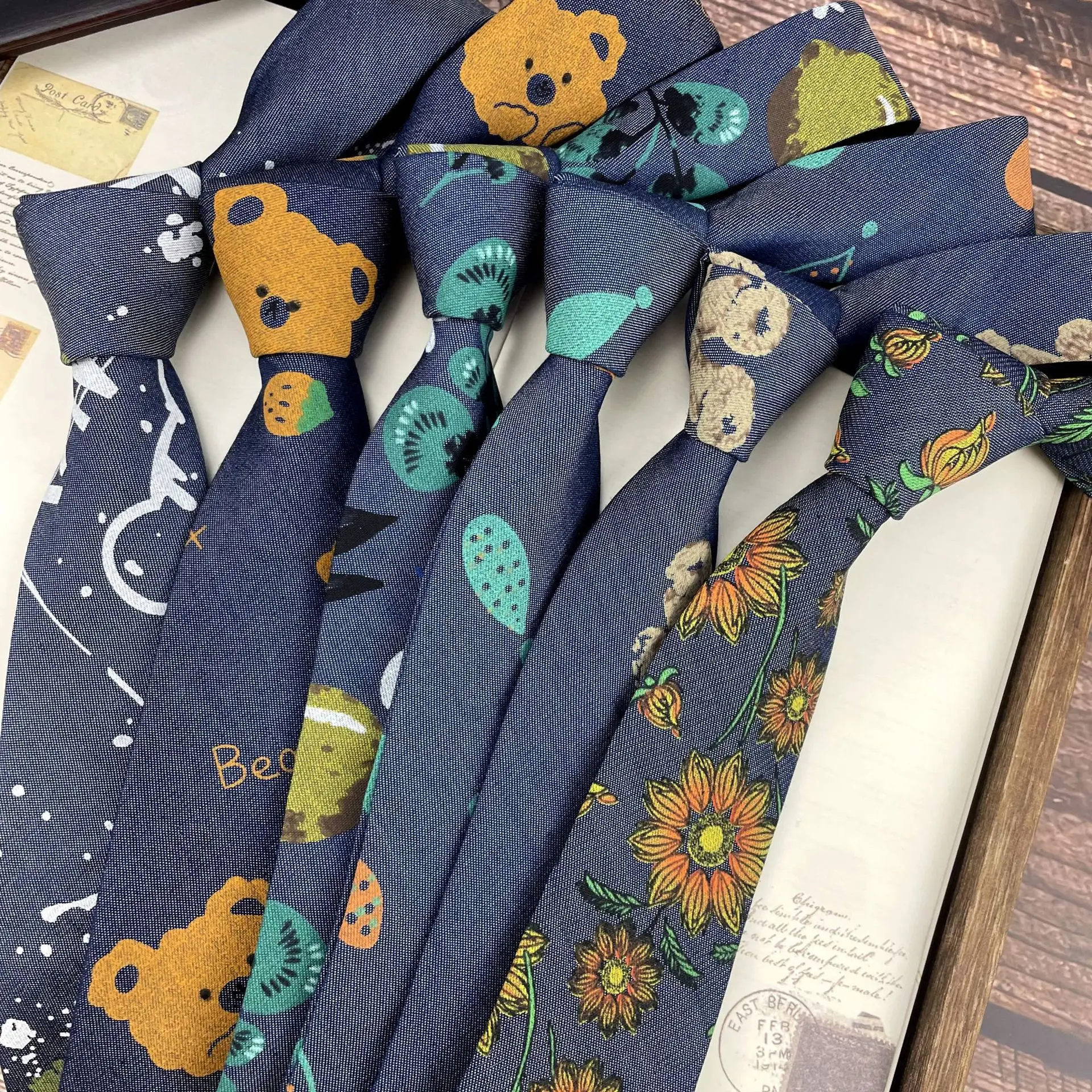 

6CM Navy Denim Neck Tie For Men Women Creative Funny Floral Cartoon Printed Neckties Handmade Narrow Student Shirt Accessories