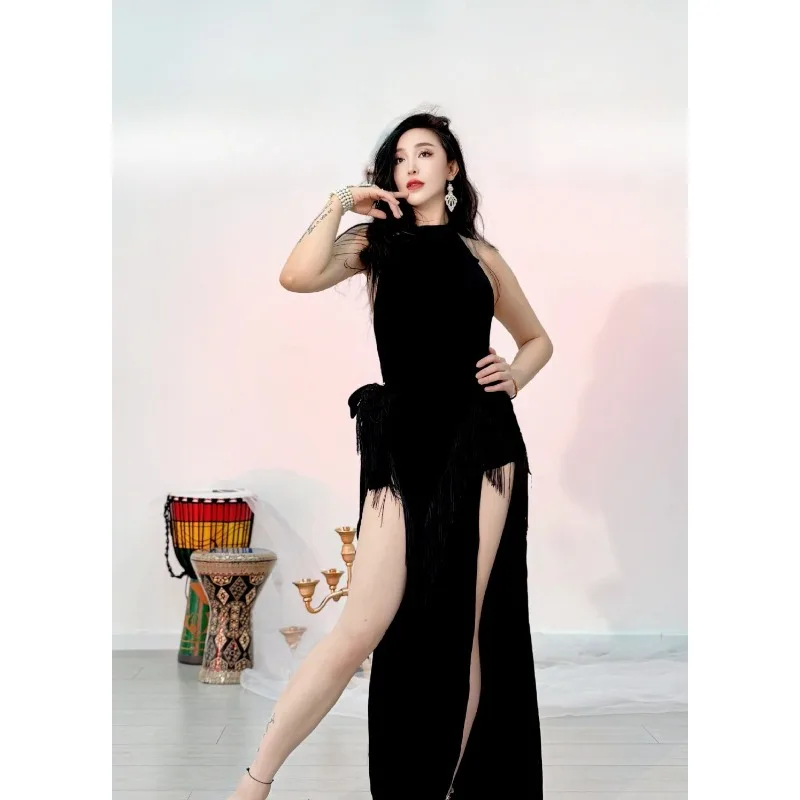 ที่กําหนดเองBelly Danceเครื่องแต่งกายฝึกชุดModal backless Double Slitเซ็กซี่ชุดSlim FitสีดําBelly Dancewear