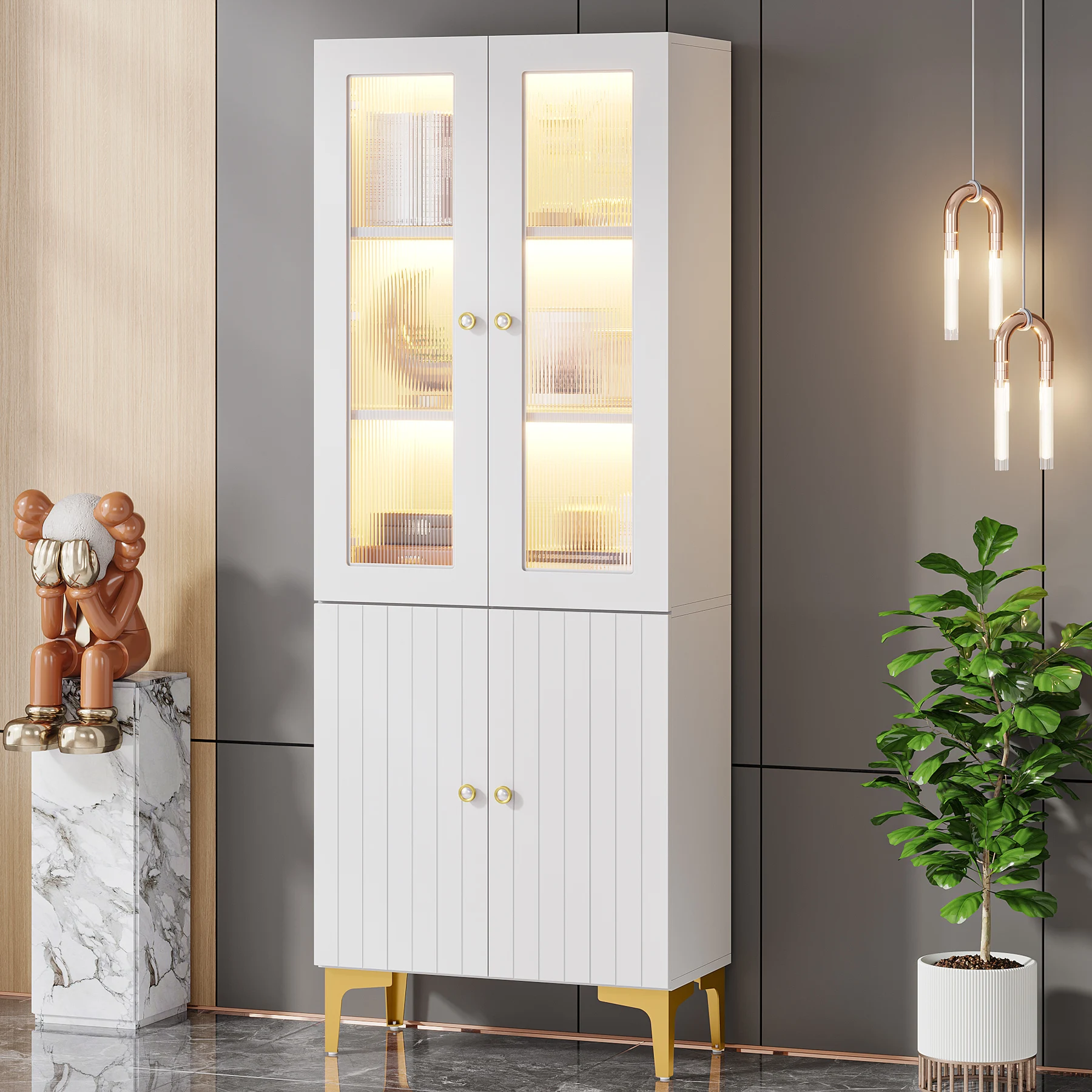 

Hot Sales Modern Minimalist Accent Led White Wood Storage Display Cabinet Showcase With Acrylic Doors And 5 Tier Shelves For Liv