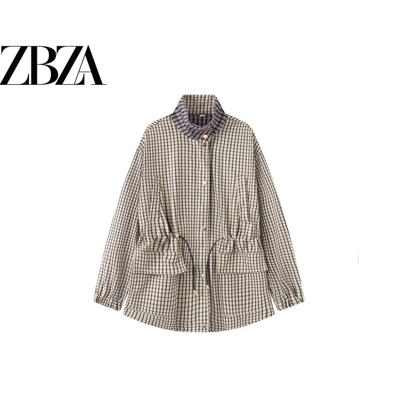 Fashionable Plaid Long Sleeve Stand Collar Casual Waist Cinched Outerwear for Women Color Block Design European Style Polyest...