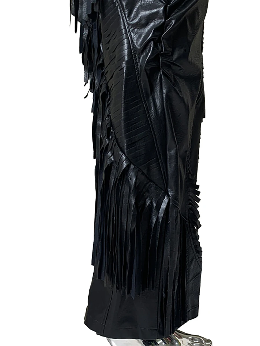 

Autumn Long Fringed Black Faux Leather Pants for Men Tassel Luxury Designer Runway European Fashion Emo Clothes Streetwear 2025