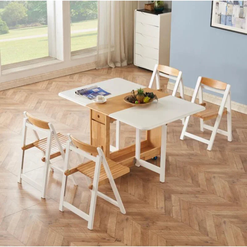 Nordic solid wooden folding dining table chair set modern multifunctional retractable table dining chair 1 table 4 kitchen chair