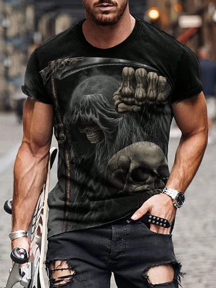 Summe Street تي شيرت رجالي الجمجمة طباعة تي شيرت رجالي عادية قصيرة الأكمام قمة الرياضة في الهواء الطلق موضة تي شيرت رجالي الملابس