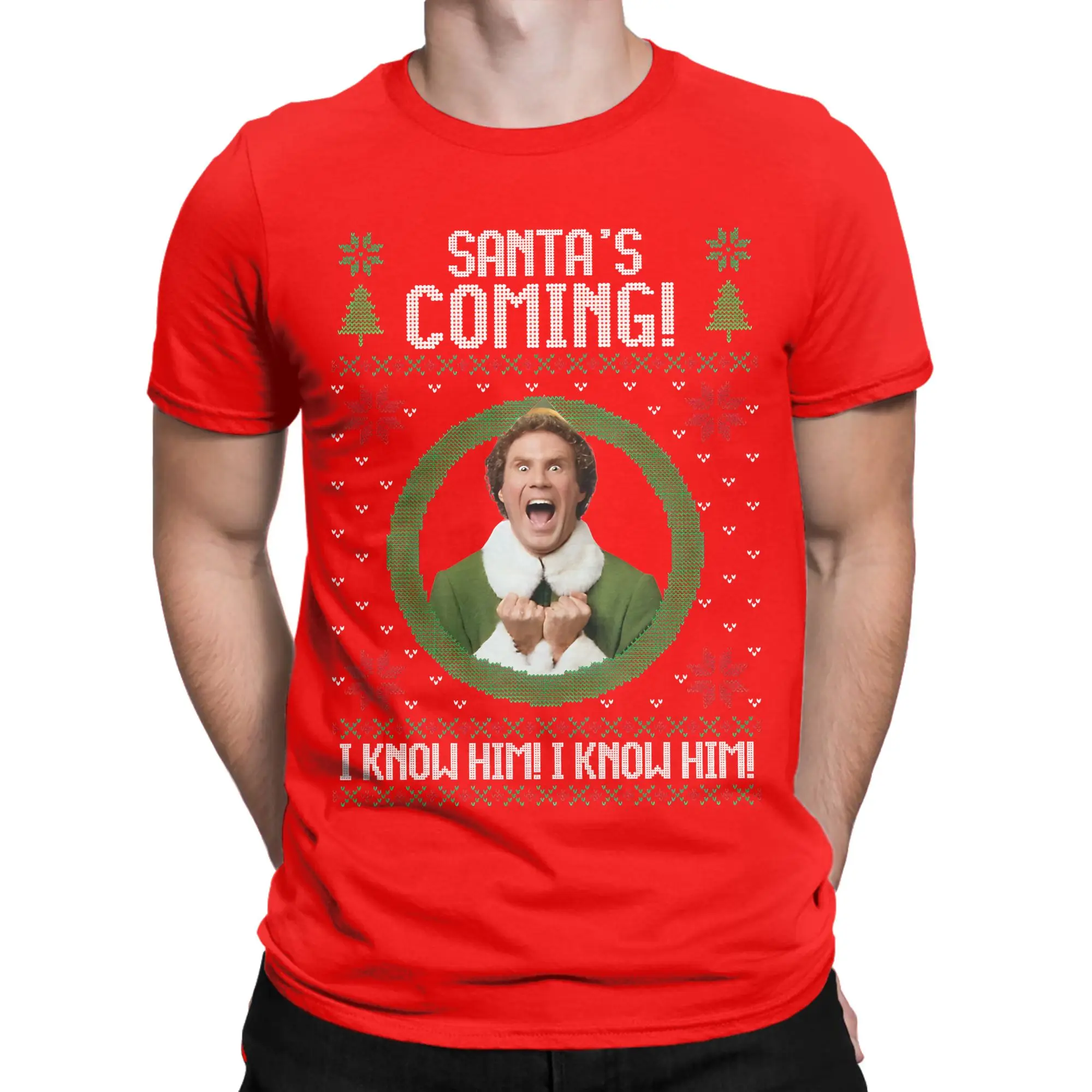 Elf - Santa's Coming! I know him! T-Shirts for Men The Office Funny Cotton Tees Crewneck Short Sleeve T Shirt Printing Tops