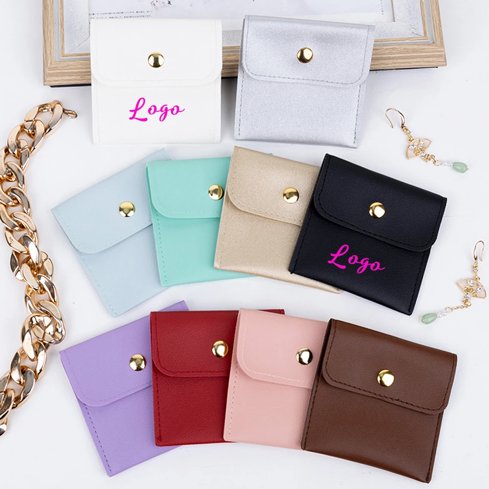 

Custom Logo Leather Jewelry Packaging Bags PU Snap Button Bag Christmas Wedding Favors Gift Pouches For Earrings Beads keychain