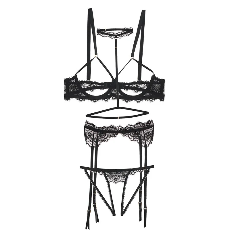 Sexy lingerie lace bra hollow steel support four-piece underwear set hanging neck garter belt open panties