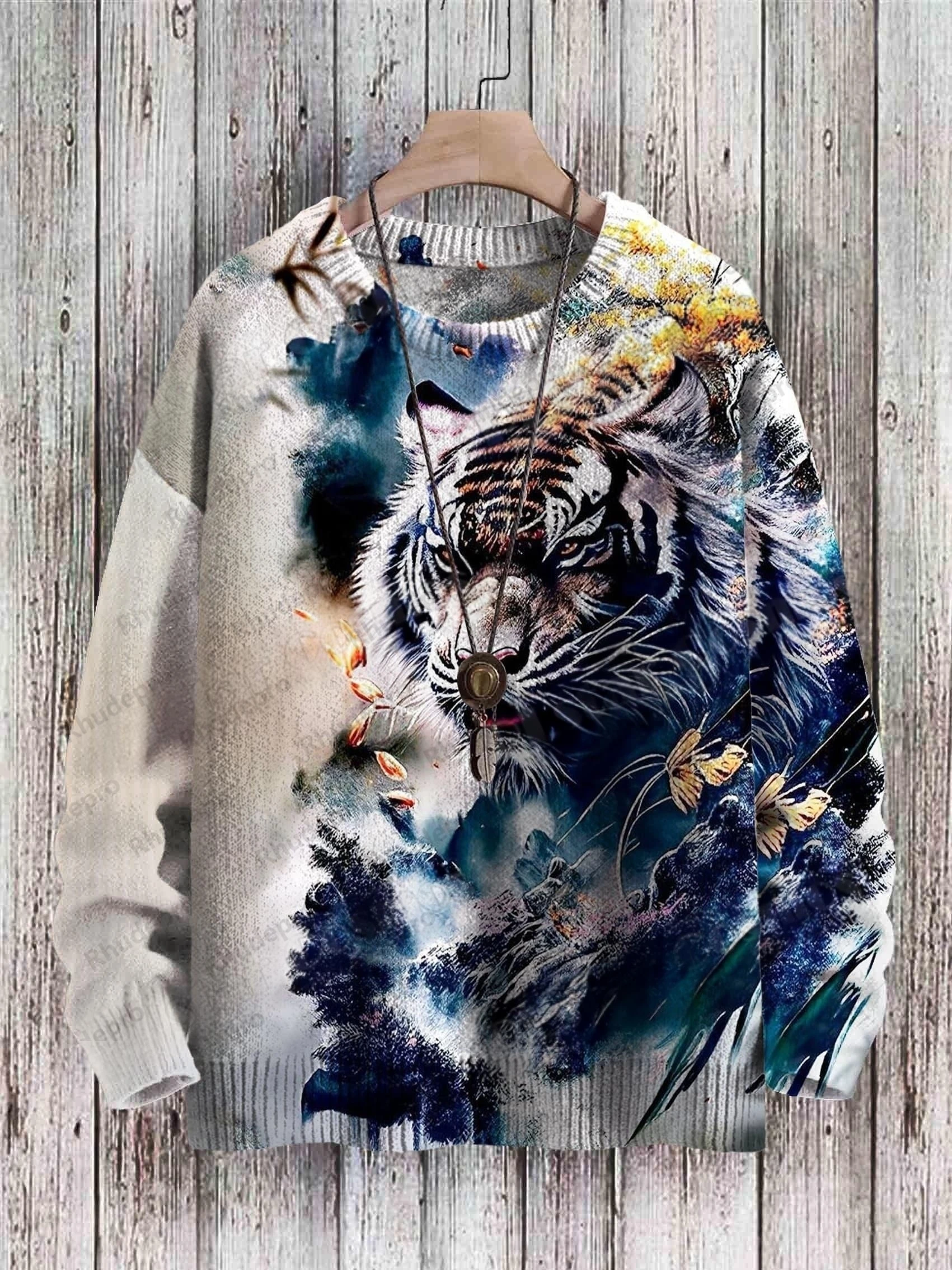 Wolf Vintage & Retro Colorful Lion Pattern 3D Printed Men's Knitted Pullover Winter Unisex Casual Knit Pullover Sweater