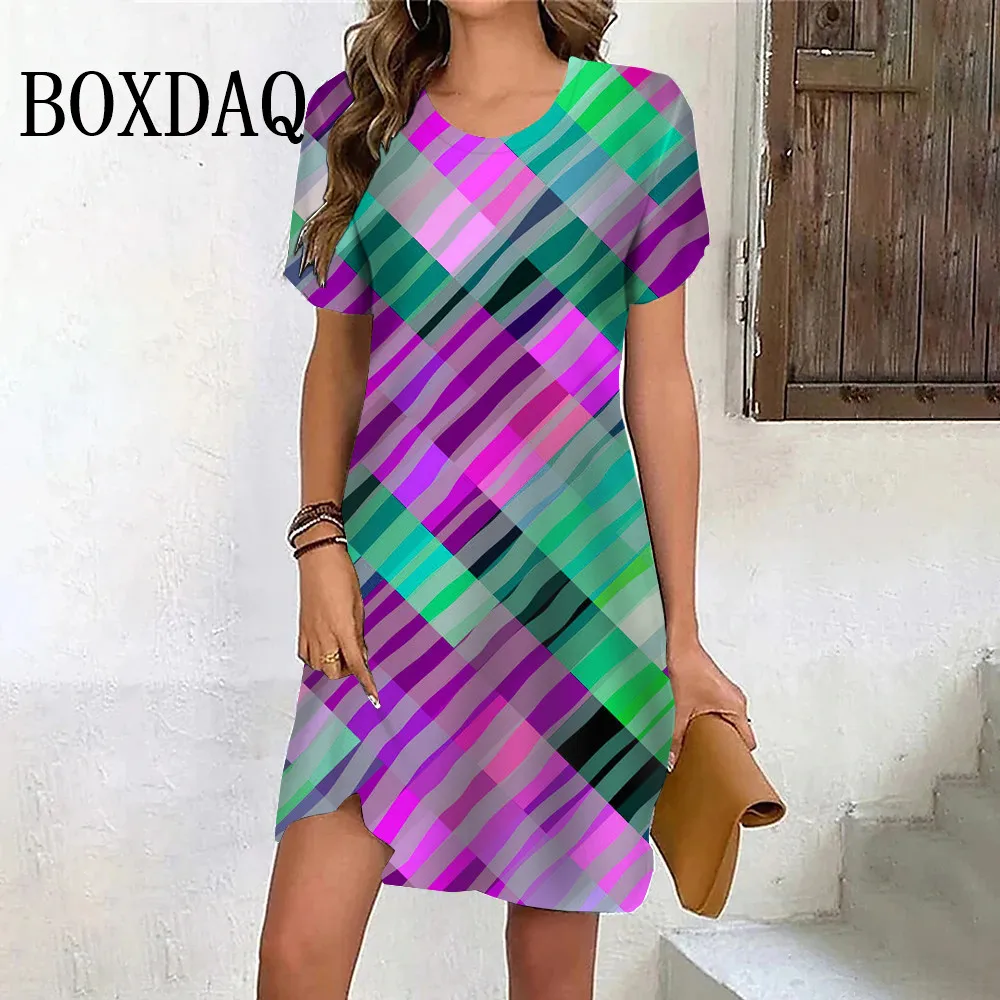 New Arrival 2024 Women Mini Dress Summer Trendy O-Neck Short Sleeve Loose Dress Casual Street Colorful 3D Stripes Ladies Dresses