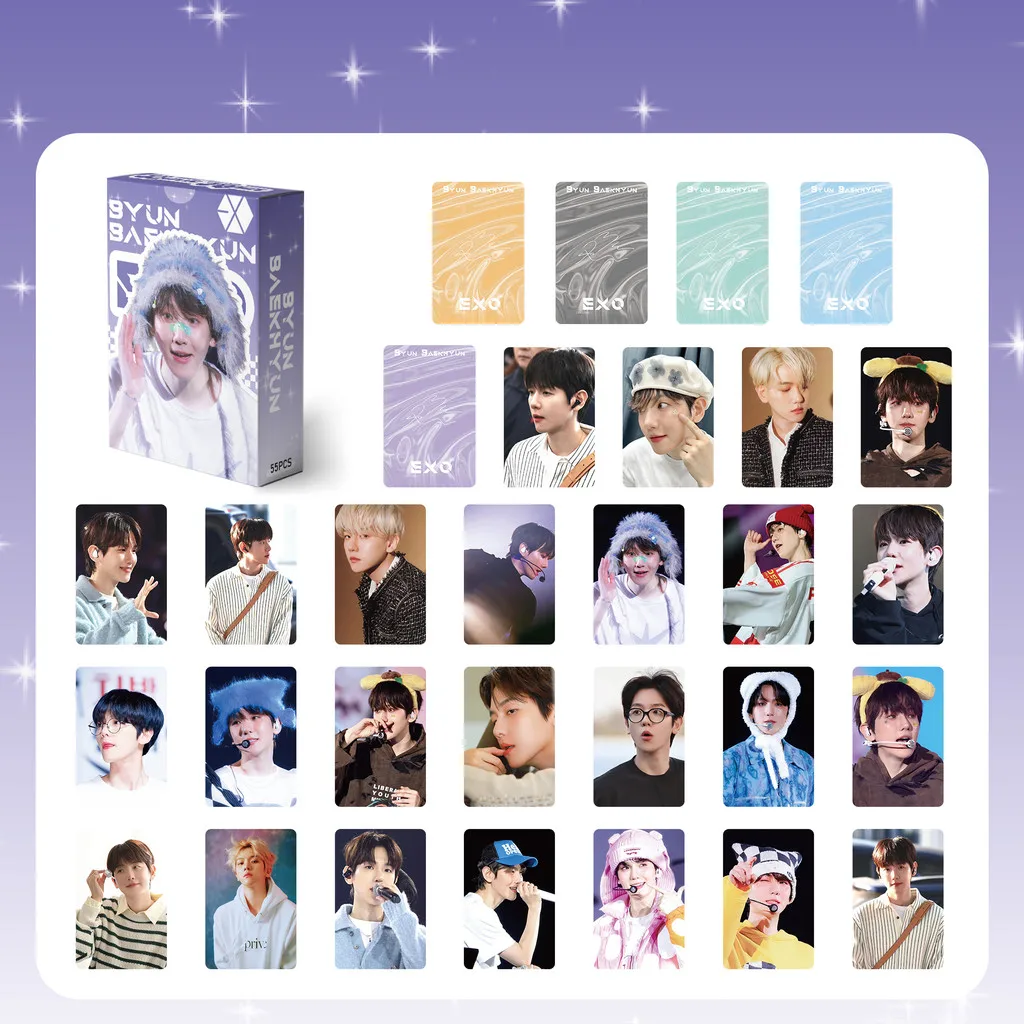 55 قطعة من بطاقات LOMO المجسمة بالليزر BAEKHYUN EXO - مجموعة بطاقات الصور لألبوم K-pop مع طلاء غير لامع ممتاز (متجر Anime Worlds)