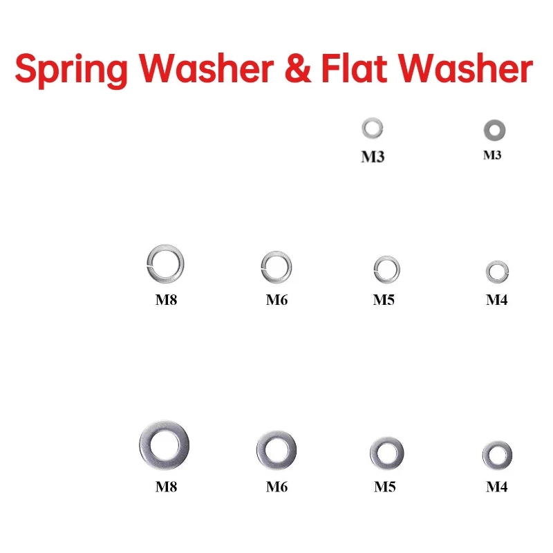 200Pcs 201 Stainless Steel 5 Sizes M3 M4 M5 M6 M8 Spring Washer & Flat Washer Assortment Kit Flat Pad Locking Elastic Gasket Set