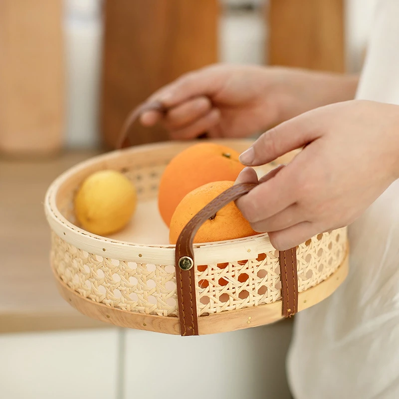 Rattan Woven Storage Basket Home Living Room Round Placing Tray for Fruit Bread Breathable Desktop Organizer -Wood Color