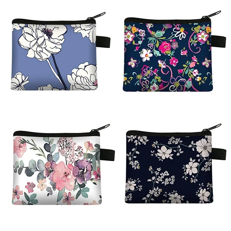 Dompet Koin Motif Bunga Tempat Kartu Dompet Kecil Ritsleting Wanita Tas Uang Koin Clutch Tas Kartu Kredit Bisnis Kantung Tas Lipstik