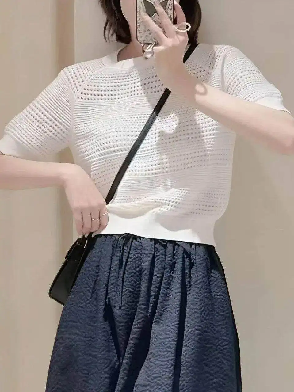 

Women's Knitted Short Sleeve T-Shirt Hollow Design Breathable Soft Style White Basic Top Summer New Arrival Fashionable